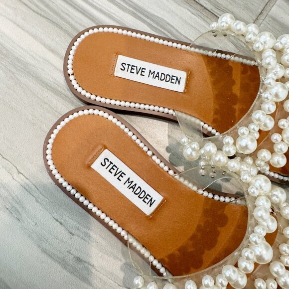 Steve Madden Taye Pearl Beaded Clear Strap Slip On Sandals Bridal Wedding 6.5 - Picture 4 of 10